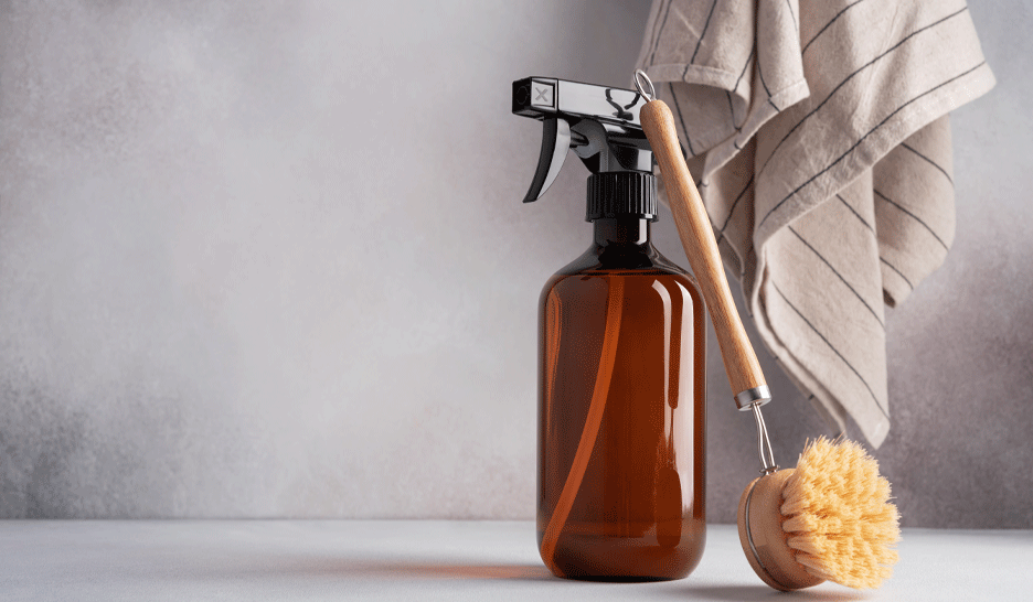 Eliminer les taches sur les vêtements avec un pulvérisateur écologique, une brosse naturelle et un chiffon beige, sur fond gris texturé.